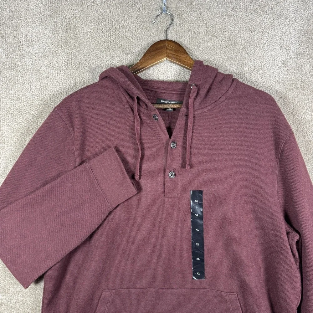 Banana Republic Hoodie Mens‎ XL Red Thermal Henley Pullover Kangaroo Pocket